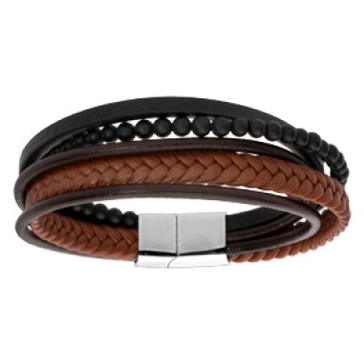 Bracelet en acier et cuir marron et noir multi bracelets avec boules noires - double fermoir 20cm
