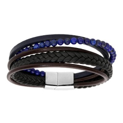 Bracelet en acier et cuir noir multi bracelets avec boules bleues - double fermoir 20cm