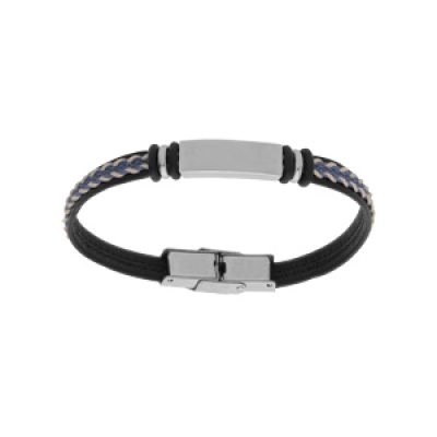 Bracelet junior en acier et cuir noir plaque identité à graver avec cordon bleu tressé 16cm réglable