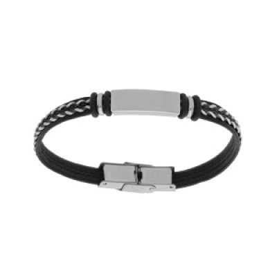 Bracelet junior en acier et cuir noir plaque identité à graver avec cordon blanc tressé 16cm réglable