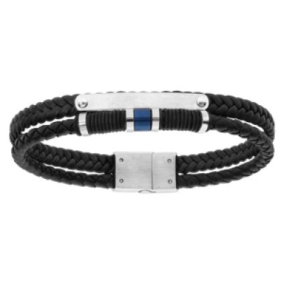 Bracelet en acier et cuir noir 2 bracelets avec plaque et perles déoration  19