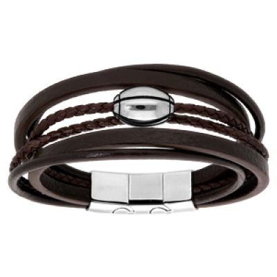 Bracelet en acier et cuir marron plusieurs bracelets et ballon de rugby à graver- double fermoir 21cm réglable 20
