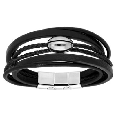 Bracelet en acier et cuir noir plusieurs bracelets et ballon de rugby à graver- double fermoir 21cm réglable 20