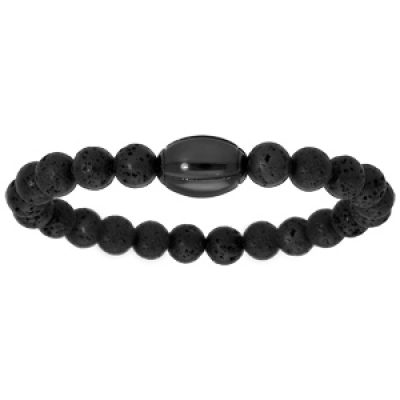 Bracelet élastique perles en pierre de lave avec ballon de rugby noir à graver