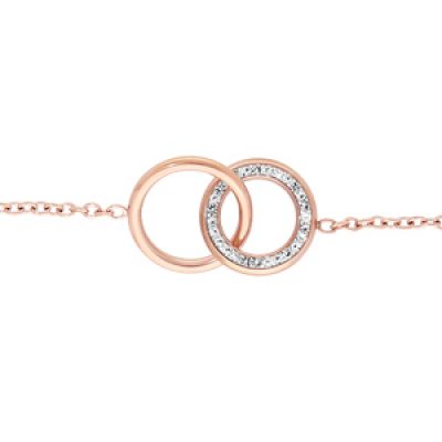 Bracelet en acier et PVD rose chaîne avec double cercle oxydes blancs sertis 16+3cm