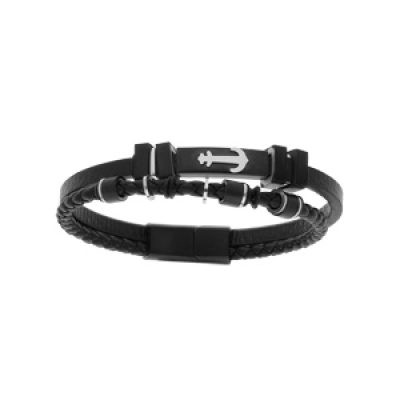 Bracelet en acier et cuir 2 rangs avec tresse noire et motif ancre double fermoir 19cm +1cm