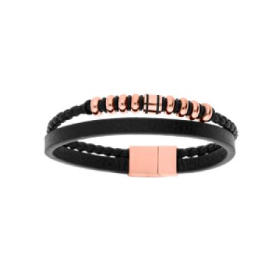 Bracelet en acier et cuir 2 rangs avec tresse noire et perles roses double fermoir 20cm +1cm