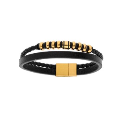Bracelet en acier et cuir 2 rangs avec tresse noire et perles jaunes double fermoir 20cm +1cm