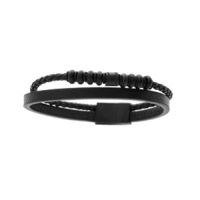 Bracelet en acier et cuir 2 rangs avec tresse noire et perles noires double fermoir 19cm +1cm