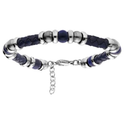 Bracelet en acier et simili cuir bleu et boules Agate bleu 19+3cm