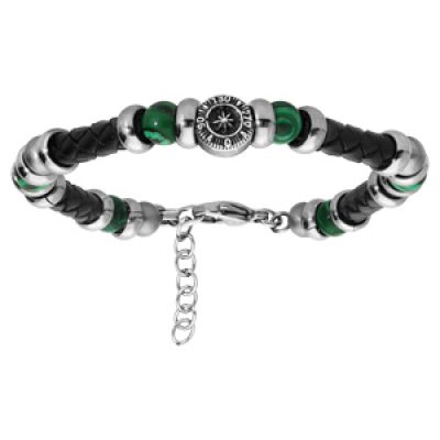 Bracelet en acier et simili cuir noir motif boussole et boules Oeil de Tigre vert 18+3cm