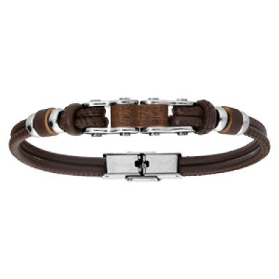 Bracelet en acier et cuir marron éléments bois réglable 20cm