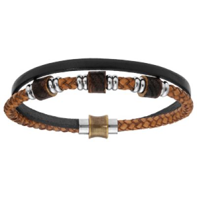 Bracelet en acier et cuir tons marron clair et noir avec perles bois fermoir aimanté 21cm