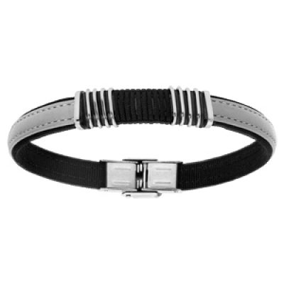 Bracelet en acier et cuir gris décoration cordon noir entouré réglable 21cm