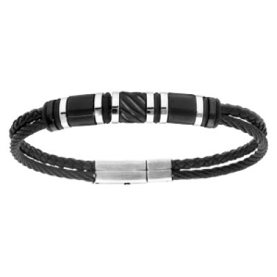 Bracelet en acier et cuir tressé noir avec grosses perles noires 20cm
