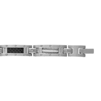 Bracelet en acier alternance de maillons ajourés et ornés de 2 câbles gris et avec vis sur les bords et maillons avec carbone motif tressé et vis sur les bords - longueur 19cm + 1