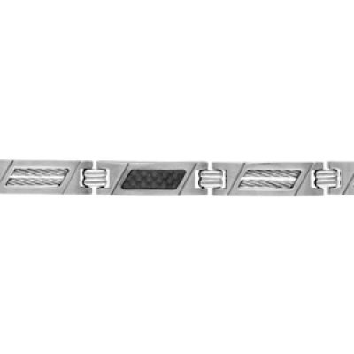 Bracelet en acier alternance de longs maillons ajourés en biais et ornés de 2 câbles gris et longs maillons avec milieu en carbone motif tressé en biais - longueur 19cm + 1