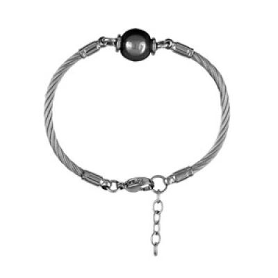 Bracelet en acier câble avec 1 boule en céramique noire au milieu - longueur 18cm + 2cm de rallonge