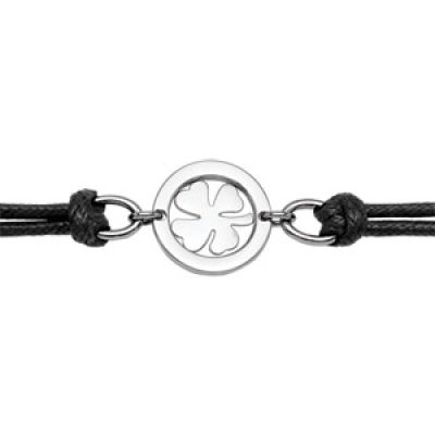 Bracelet en acier cordon doublé en coton noir avec 1 trèfle à 4 feuilles dans un cercle évidé au milieu - longueur 17cm + 2cm de rallonge