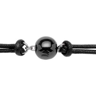 Bracelet en acier cordon doublé en coton noir avec 1 boule en céramique noire au milieu - longueur 17cm + 2cm de rallonge