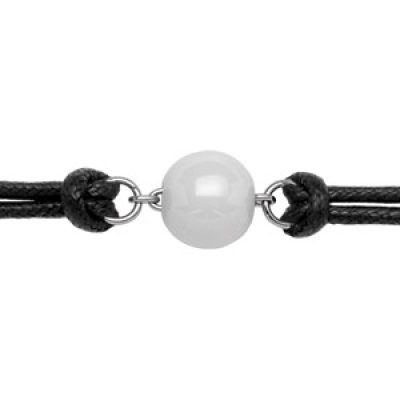 Bracelet en acier cordon doublé en coton noir avec boule en céramique blanche au milieu - longueur 17cm + 2cm de rallonge