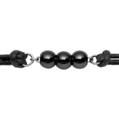 Bracelet en acier cordon doublé en coton noir avec 3 boules en céramique noire au milieu - longueur 17cm + 2cm de rallonge