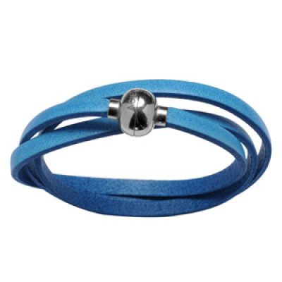 Bracelet en cuir bleu truquoise lacet qui fait plusieurs tours et fermoir boule en acier aimantée