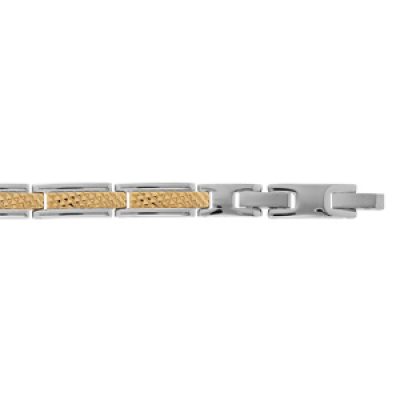 Bracelet en acier et PVD jaune maille rectangulaire avec diamantage double fermoir 19+2cm réglable