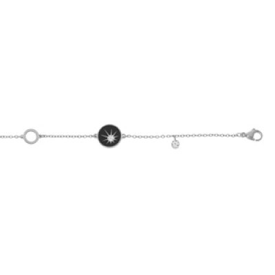 Bracelet en acier chaîne avec pastille noire et oxyde blanc etoilé 16+3cm
