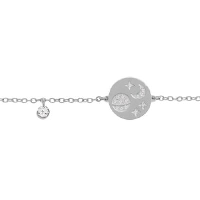 Bracelet en acier chaîne avec médaille motifs lune et étoiles avec strass et pampille oxyde 16+3cm