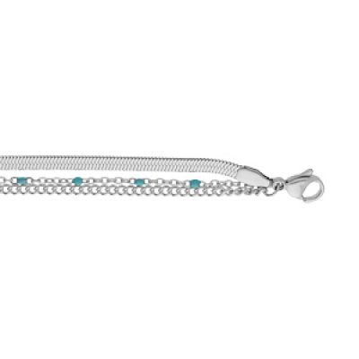 Bracelet en acier 3 chaînes et perles couleur turquoise de synthèse 16