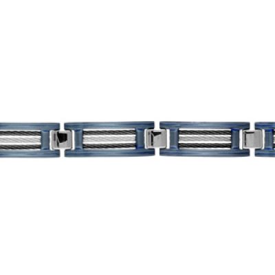 Bracelet en acier et PVD bleu maillons ornés de 3 câbles