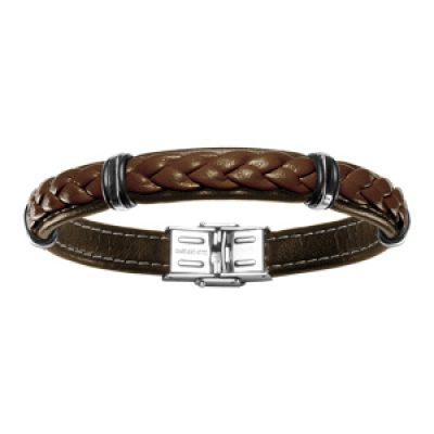 Bracelet en cuir marron avec tresse et éléments en acier - longueur 20cm réglable