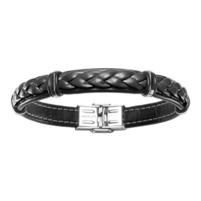 Bracelet en cuir noir avec tresse et éléments en acier - longueur 20cm réglable