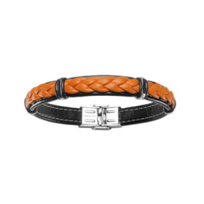 Bracelet en cuir noir avec tresse en cuir orange et éléments en acier - longueur 20cm réglable