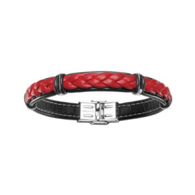 Bracelet en cuir noir avec tresse en cuir rouge et éléments en acier - longueur 20cm réglable