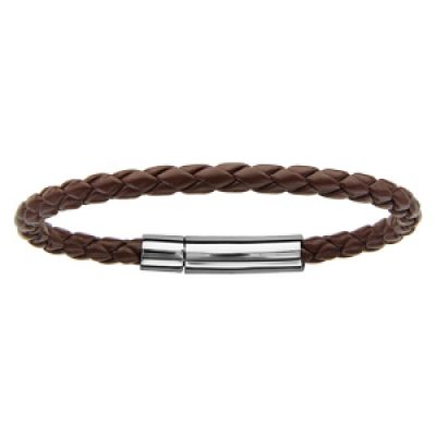 Bracelet en simili cuir tressé marron et fermoir en acier - largeur 5mm et longueur 19cm