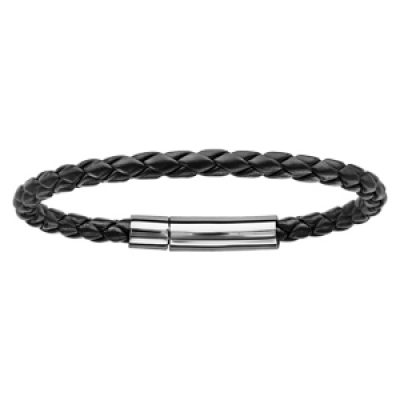 Bracelet en simili cuir tressé noir et fermoir en acier - largeur 5mm et longueur 19cm