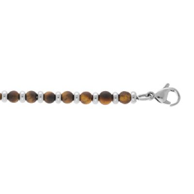 Bracelet en acier perles en pierres Oeil de tigre véritable marron 18+3cm