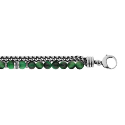 Bracelet en acier boules Oeil de tigre vert véritable et 1 rang chainage longueur 20+3cm