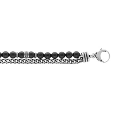 Bracelet en acier boules Onyx véritable et 1 rang chainage 20+3cm