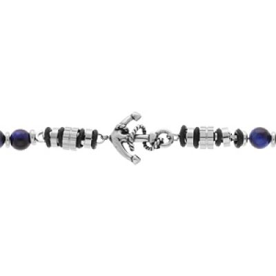 Bracelet en acier boules Oeil de tigre bleu véritable avec ancre longueur 19+3cm