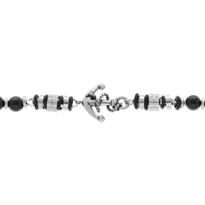 Bracelet en acier boules Onyx véritable avec ancre longueur 19+3cm