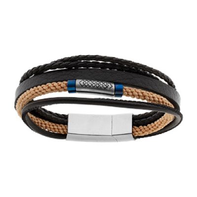 Bracelet en acier et cuir multifils noir et beige PVD bleu 19