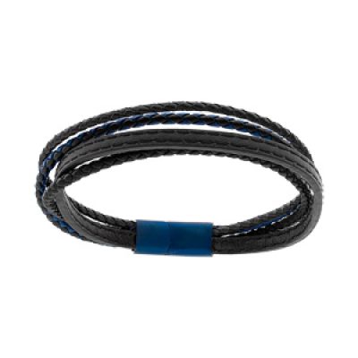 Bracelet en acier et cuir multifils noir et bleu fermoir PVD bleu 21