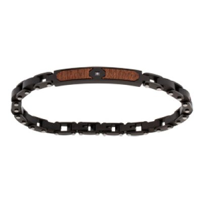 Bracelet en acier et PVD noir avec plaque bois et 1 oxyde 21cm réglable