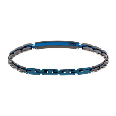 Bracelet en acier et PVD noir et bleu avec plaque triple fermoir 19+3cm
