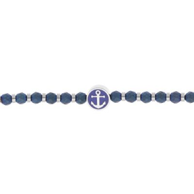 Bracelet en acier et PVD bleu perles et motif ancre 18+3cm