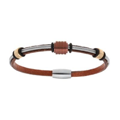 Bracelet en acier cuir marron et 2 câbles gris fermoir aimanté longueur 19