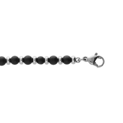 Bracelet en acier avec boules Onyx mat véritable 18+3cm